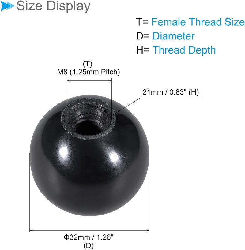 CoCud Thermoset Ball Knobs, M8 Female Thread 32mm Diameter, Plastic Metric Hand Screw Grip Black - (Applications: for Lathe Machinery Lever Handle), 20-Pieces - Image 2
